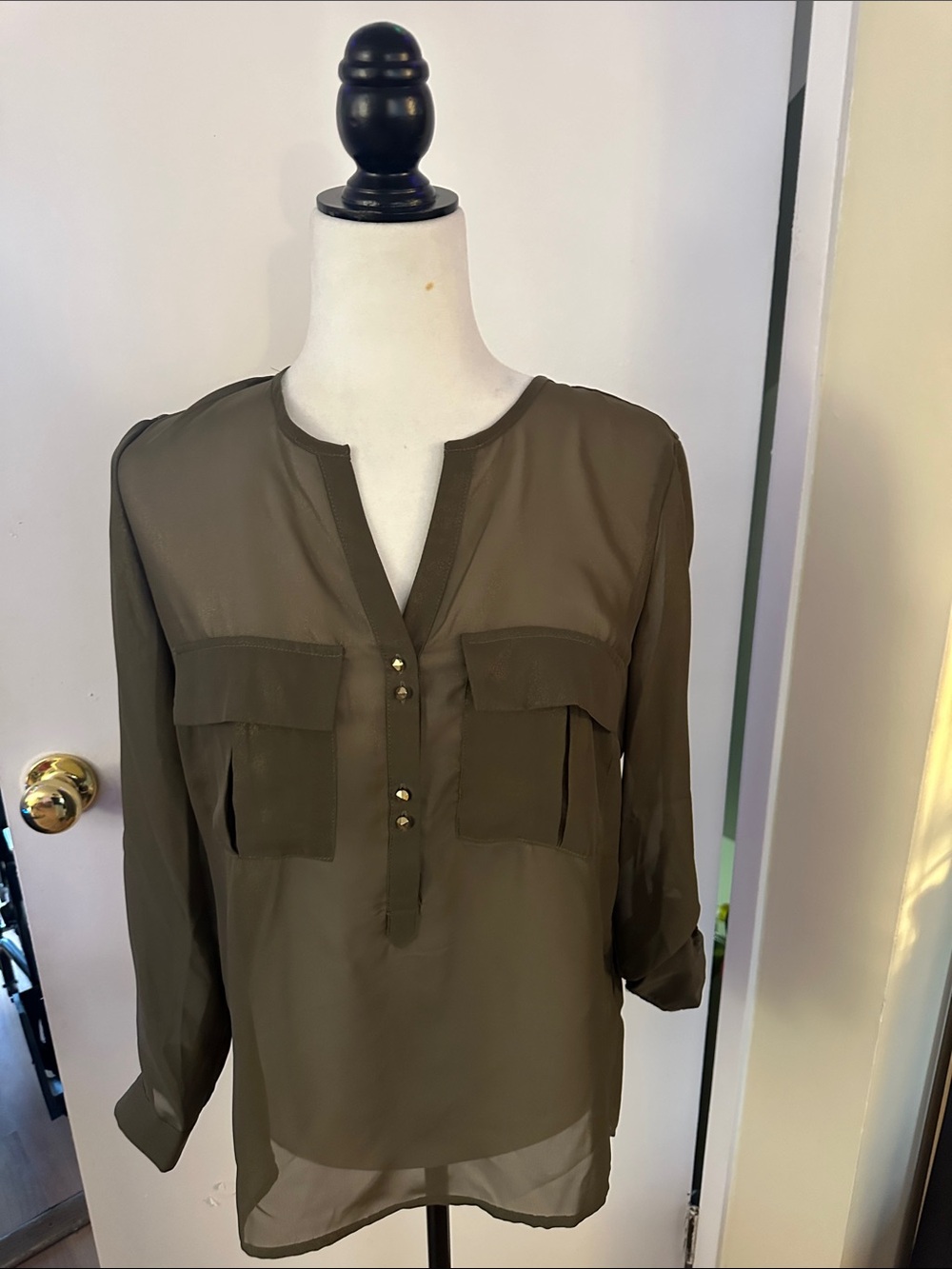 Sheer Olive Green Utility-Style Blouse with Front Pockets